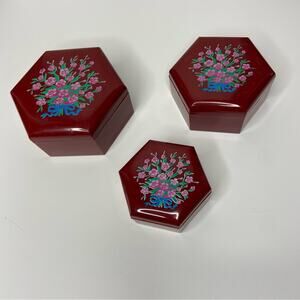 Vintage Hexagonal Floral Decorative Boxes - Red